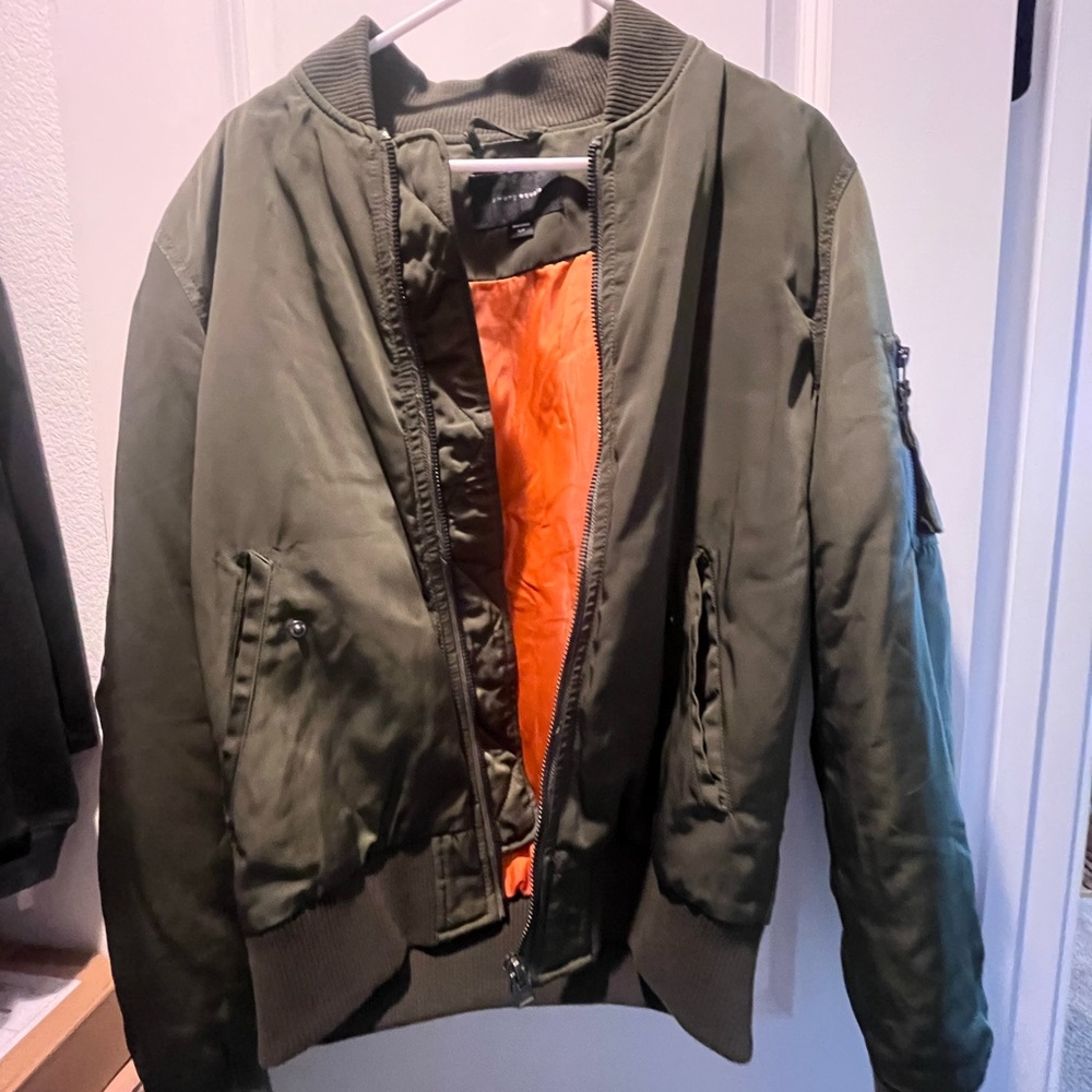 Men's Classic Olive Bomber Jacket with Orange Lining